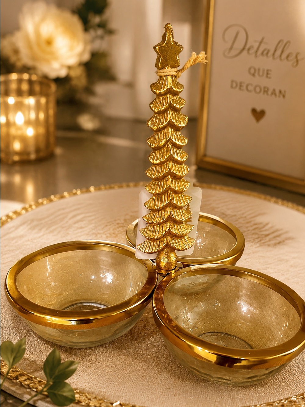 Gold Glass 3-Bowl Serving Tray with Decorative Tree Accent